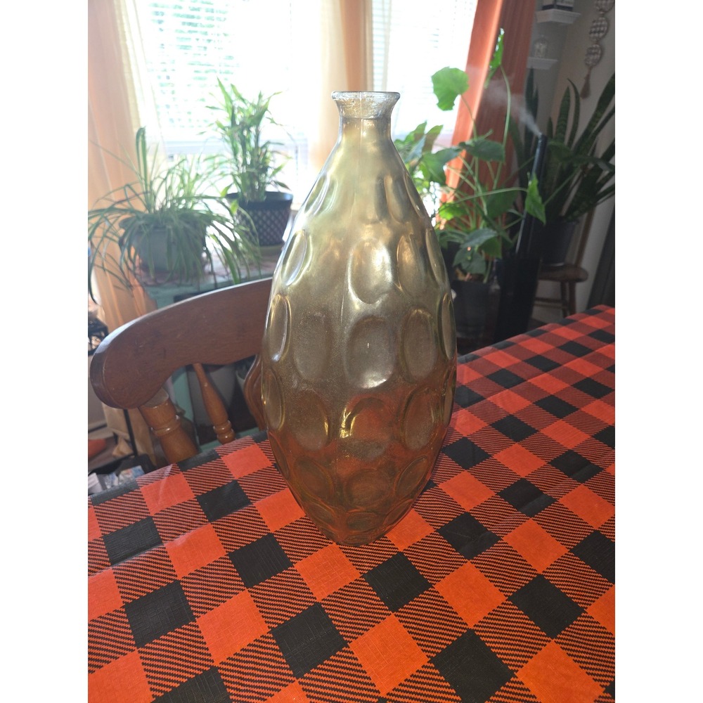 Amber Glass Dimpled Thumbprint Teardrop Vase Mid Century Modern Style Decorative